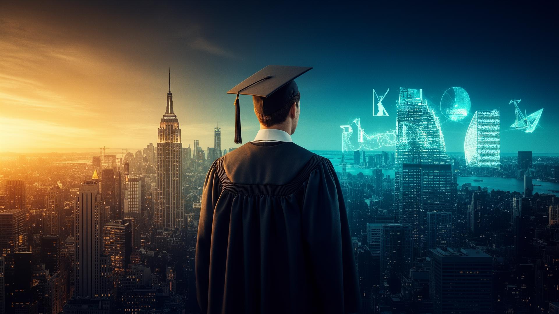 Graduate looking at global skyline
