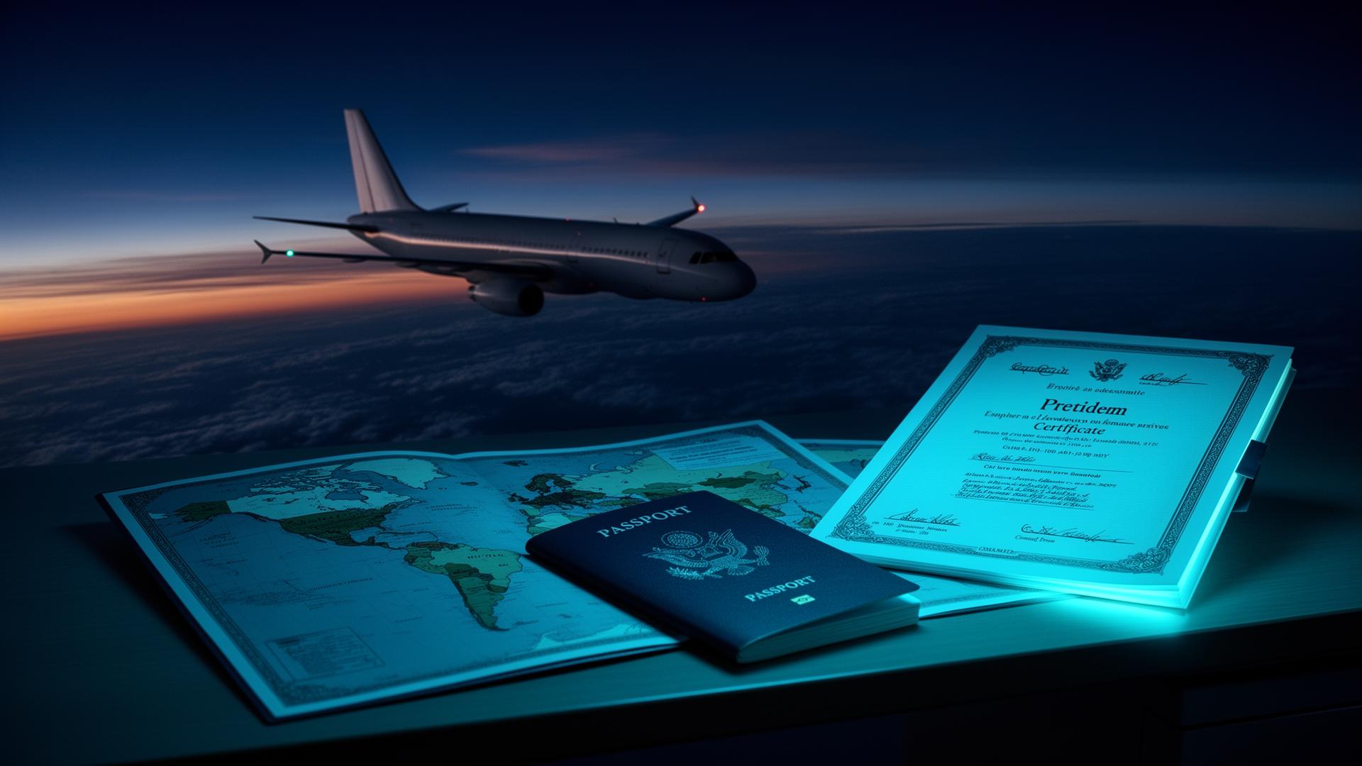 Plane and passport at twilight
