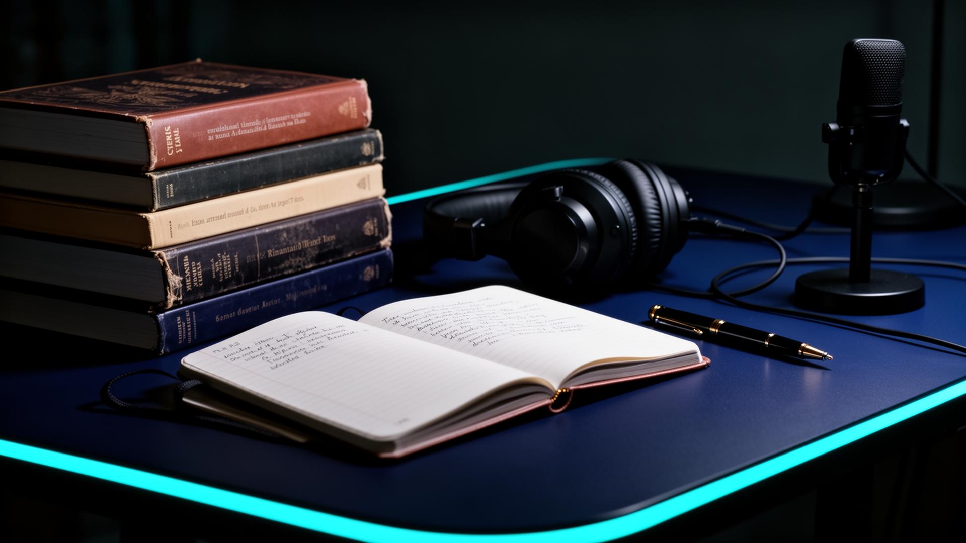 Books, headphones and notebook